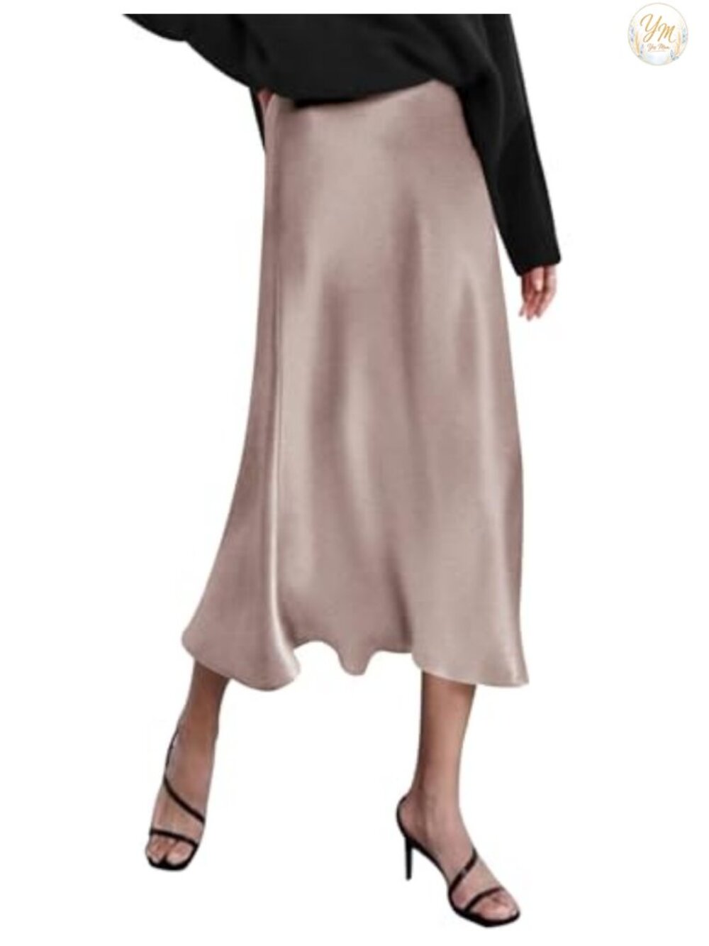High Waist Satin Midi Skirt with Zipper, Elegant